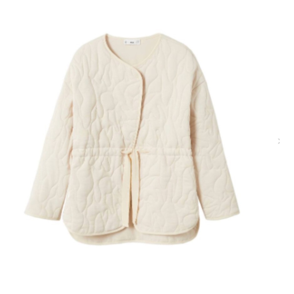 Mango Quilted Cream Jacket – Tie Waist – Textured Lightweight Jacket
